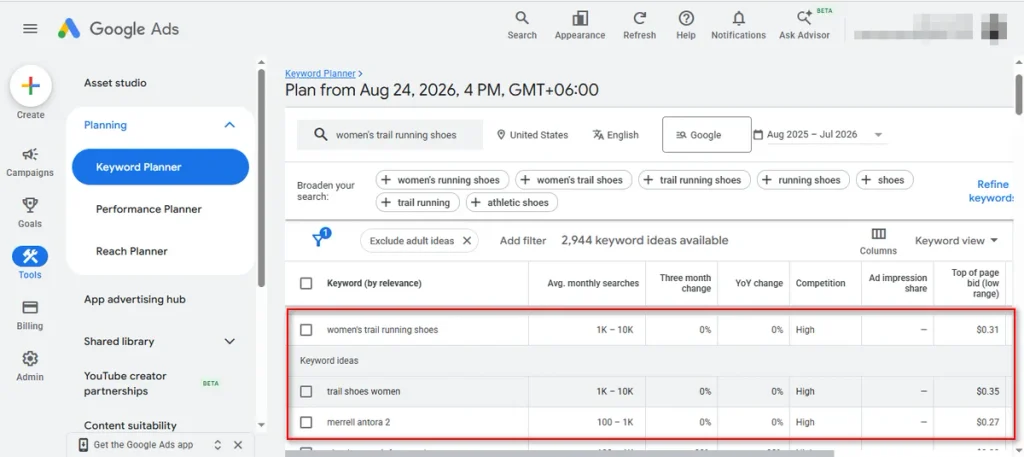 Use Google Keyword Planner