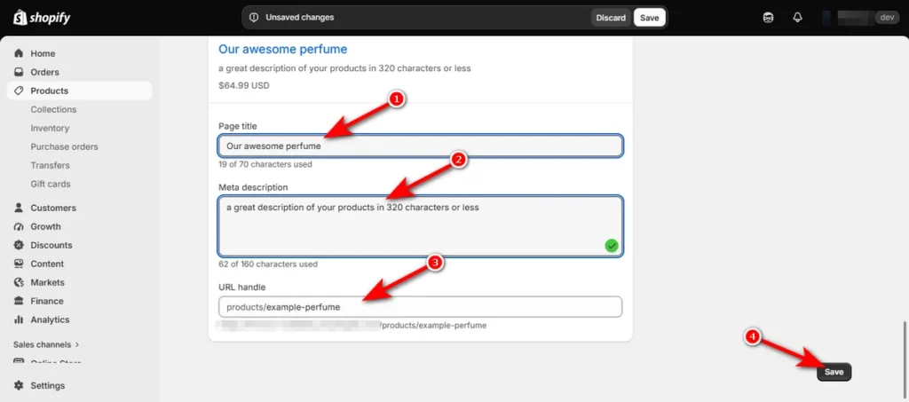 Edit Product Page Title Meta Description and URL Handle