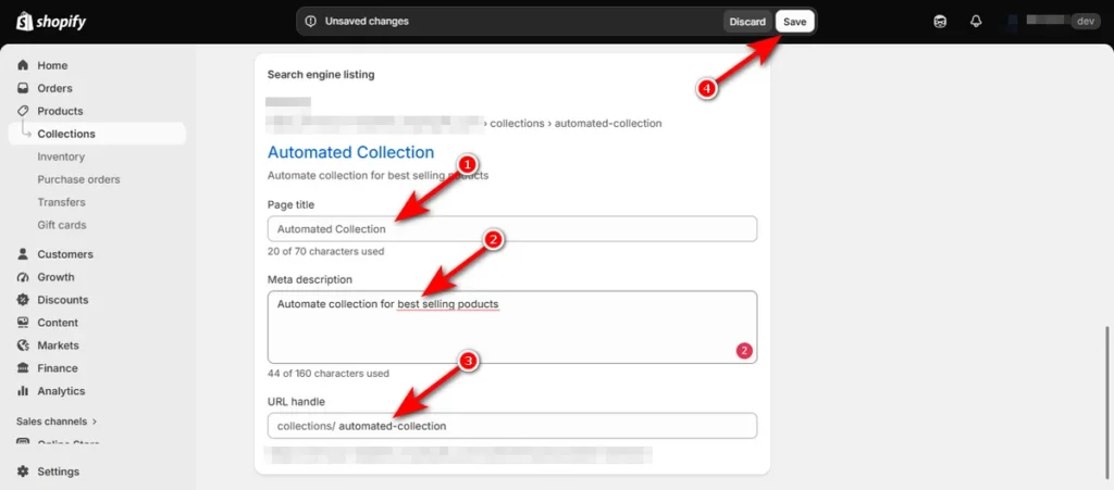 Edit Collections Title Meta and Handle