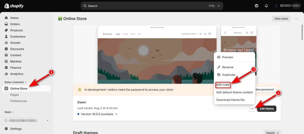 Click Edit Code of an Activated Theme